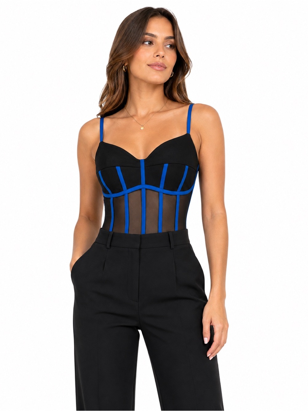 B3 Express NWT Size Small Black & Cobalt Blue Sheer Mesh Corset Bodysuit